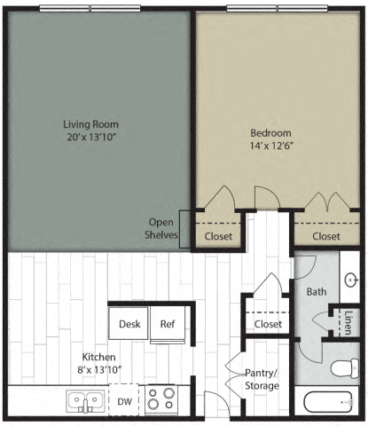 Floor plan for 1 bed, 1 bath, 783 sqft